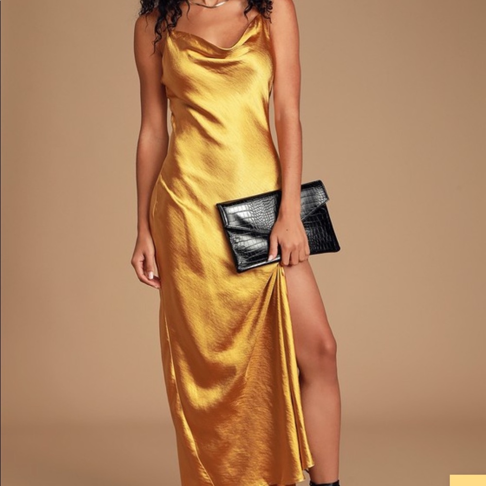 Winning Look Gold Satin Cowl Neck Maxi Slip Dress